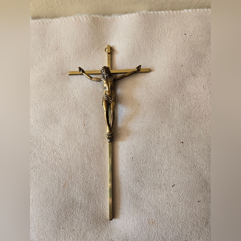 Vintage INRI Brass & Bronze Crucifix Wall Hanging Jesus Christ on Cross 9.75"